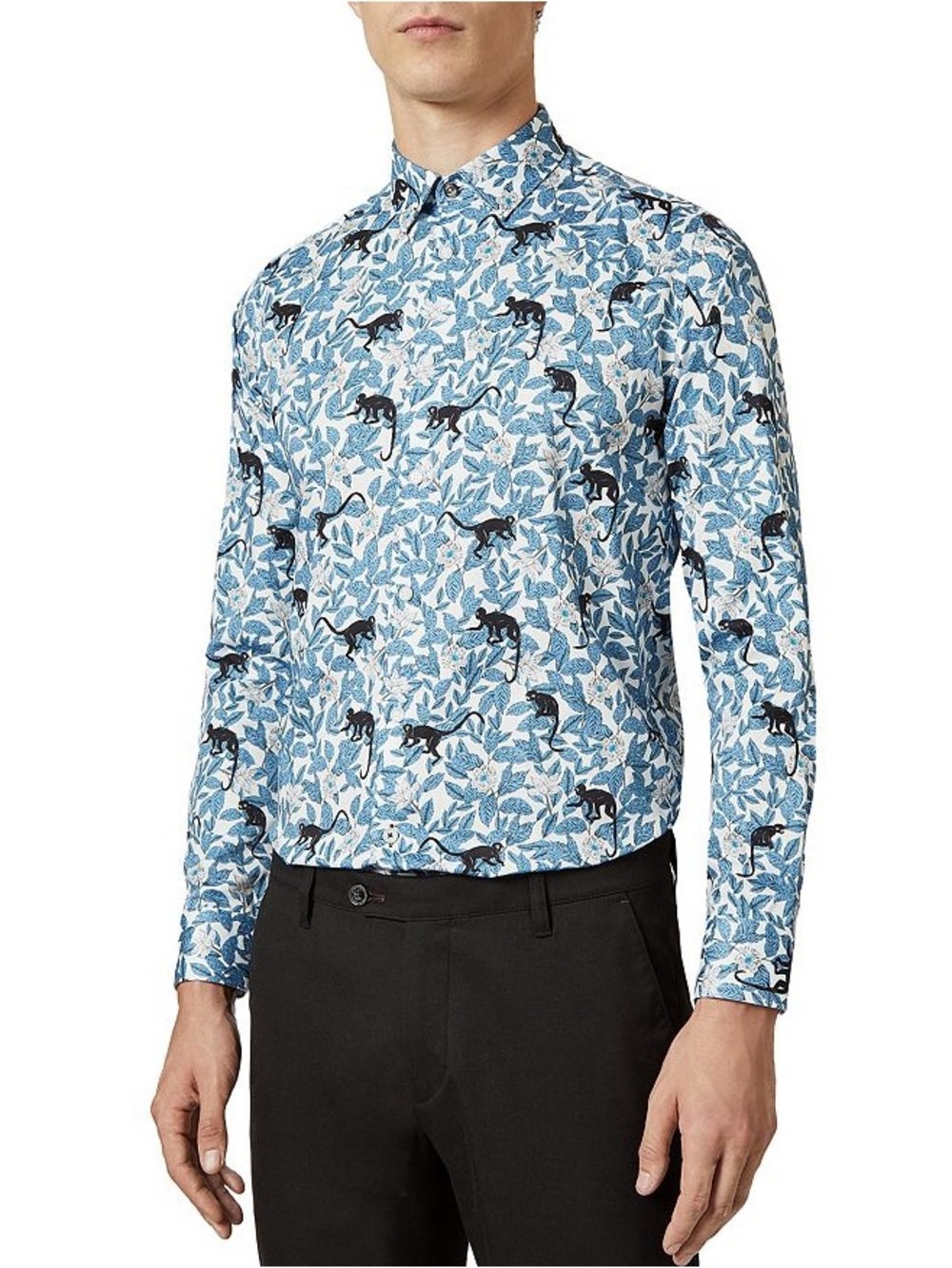 Ted Baker Yeux Monkey & Leaf Print Slim Fit Button-Down Shirt 1 X-Small 34”